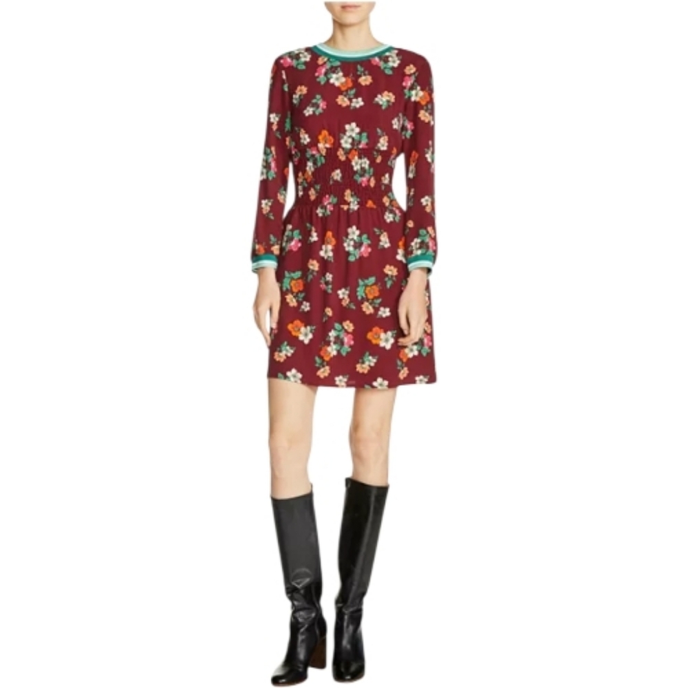 MAJE maroon floral Roskea long sleeve smocked mini dress S